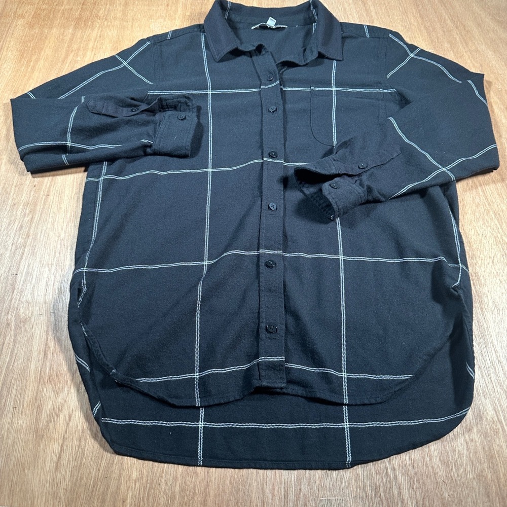 Athleta Button Down Shirt Womens Medium Black Plaid Flannel Windowpane Top